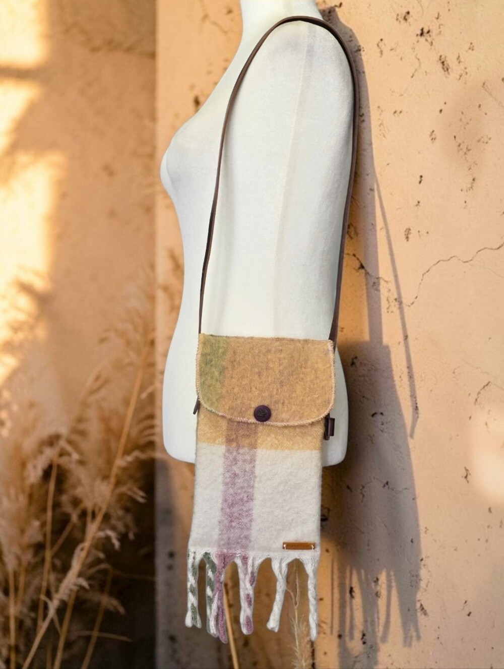 Handmade, Upcycled Fringe Crossbody Bag in Pastel Plaid